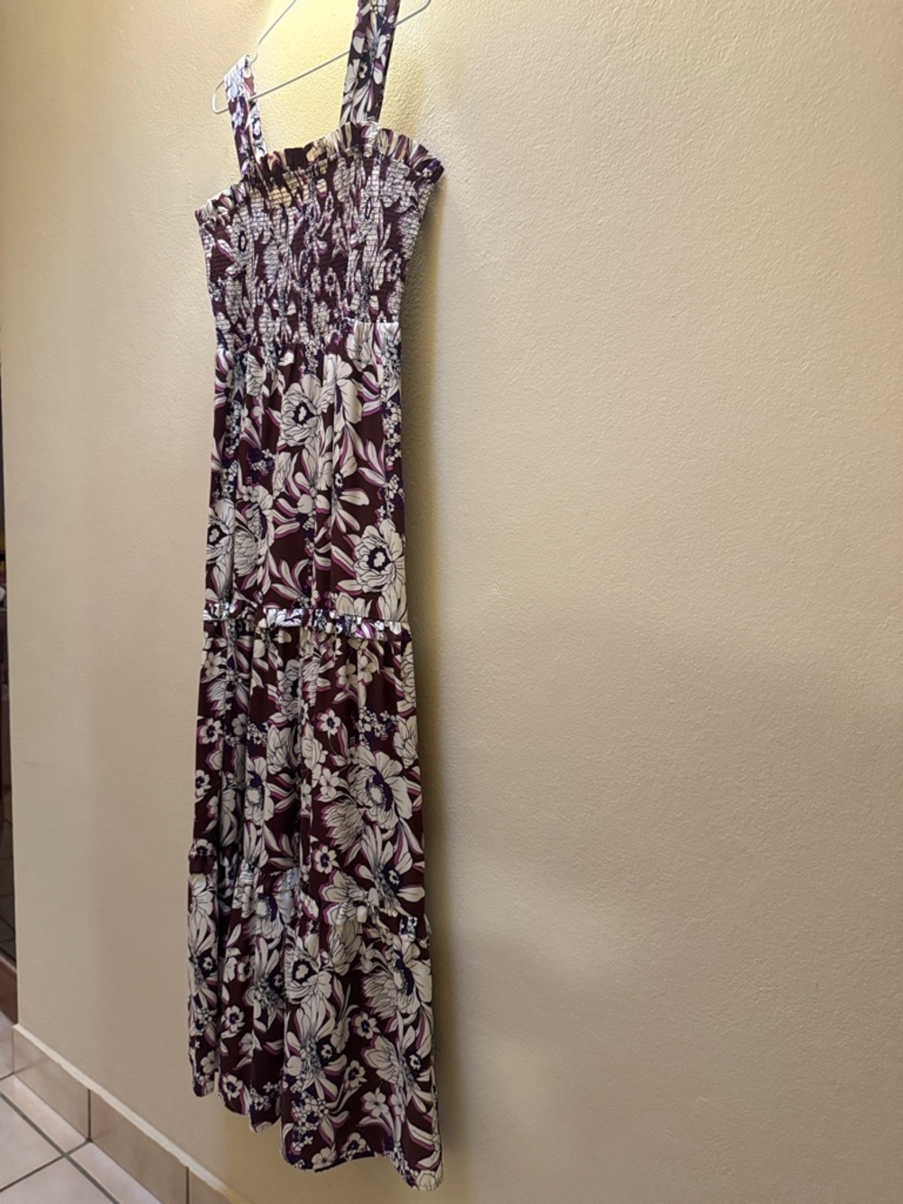 Floral Smocked Maxi Dress - Burgundy/Beige